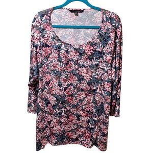 Zac & Rachel Woman Micro Floral Print Navy Pink Blue 3/4 Sleeve Blouse Plus 2X